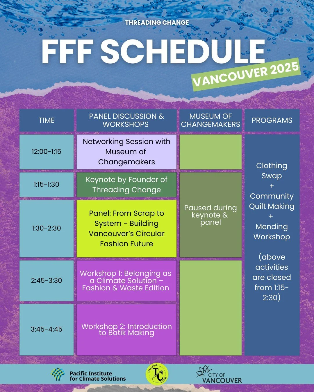 FFF Vancouver 2025 is almost here - here's a sneak peak at what you can expect throughout the day! 🏔️

🧵 Keynote by Sophia Yang, Founder &amp; Executive Director of Threading Change
🧵 Panel on building Vancouver&rsquo;s circular fashion future
🧵 
