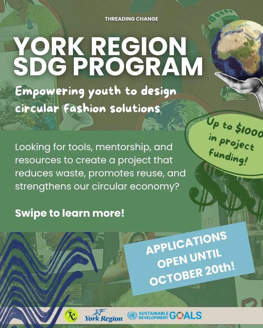 APPLICATIONS HAVE BEEN EXTENDED UNTIL OCTOBER 20TH!

If you're 16-30, living in York Region, and are passionate about sustainability + circular fashion, this program is for you! This is your chance to design your own project, get mentorship, and rece