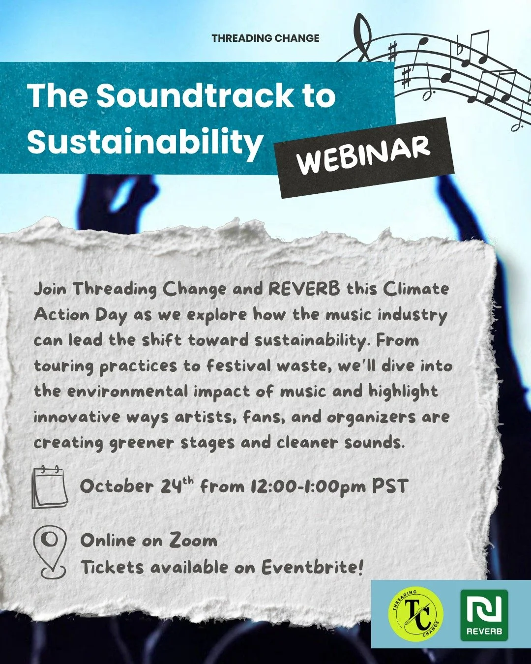 Celebrate Climate Action Day with us!

Join Threading Change &amp; REVERB on October 24 (12:00&ndash;1:00 pm PST, online) for an interactive webinar where we'll dive into the environmental impact of music and highlight innovative ways artists, fans, 