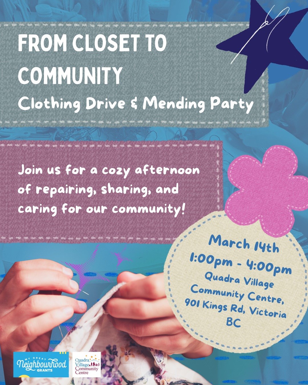 Join us for a cozy afternoon of repairing, sharing, and caring for our community! Bring clothing to donate, learn creative repair skills, and connect with neighbours while giving garments a second life.

We will be hosting both a mending workshop and