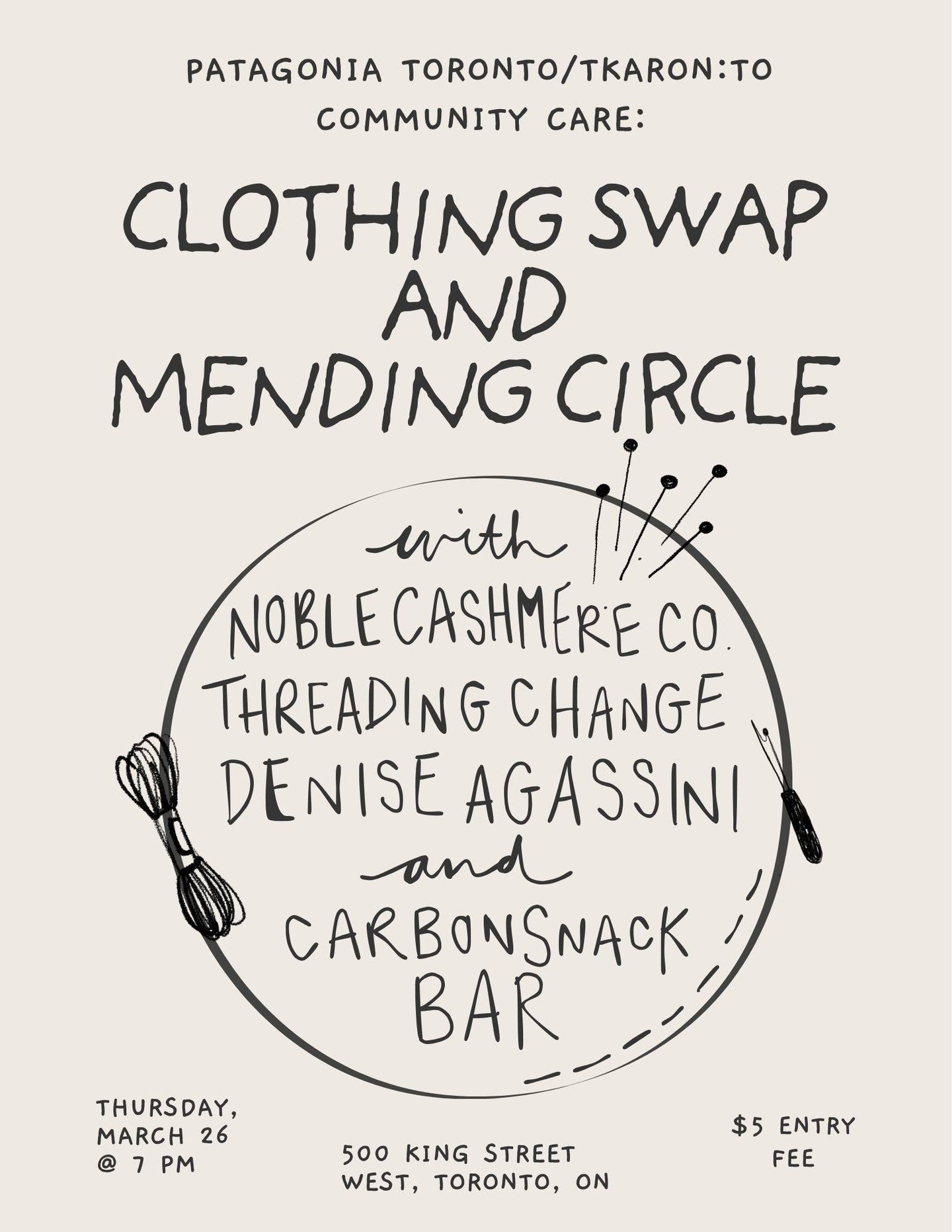 Join us in-store, at Patagonia Toronto, on Thursday, March 26 at 7 PM for a Clothing Swap and Mending Circle night! We are co-hosting the night with Noble Cashmere Co. and Denise Agassini. The event will consist of two parts&mdash; a pre-loved clothi