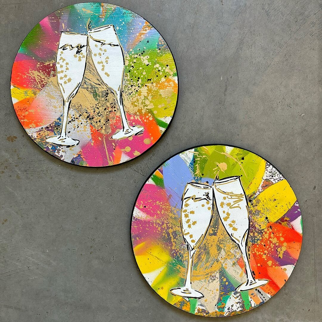 These two matching &ldquo;Mimosascope&rdquo; pieces art not exactly identical..but they do complement each other quite a bit. Both measure 15in diameter on circular wood cut panels and are quite fun! 

You may have seen these two hanging on the edge 