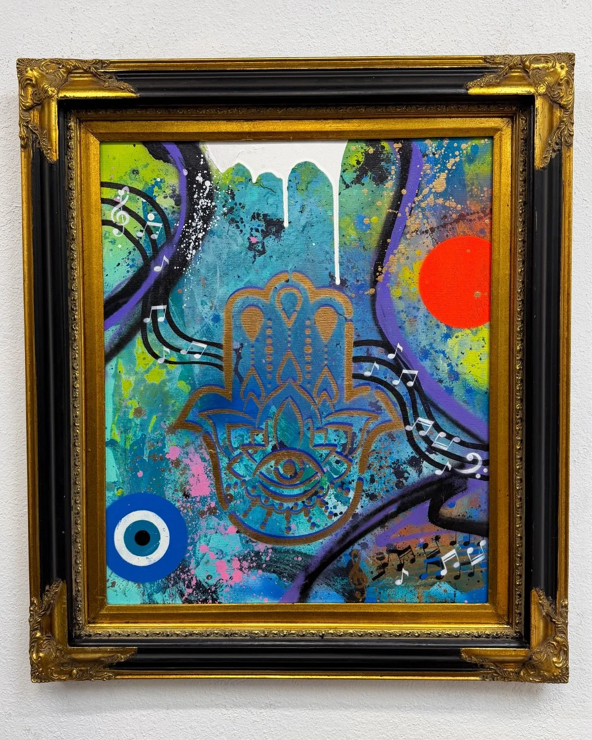 Highlighting another commission I completed last November for a recent collector. 

The frame was provided for this piece and I hand stretched a fresh canvas to make this one happen.

Color palette, Hamsa Hand, Evil Eye, and Music Notes were all disc