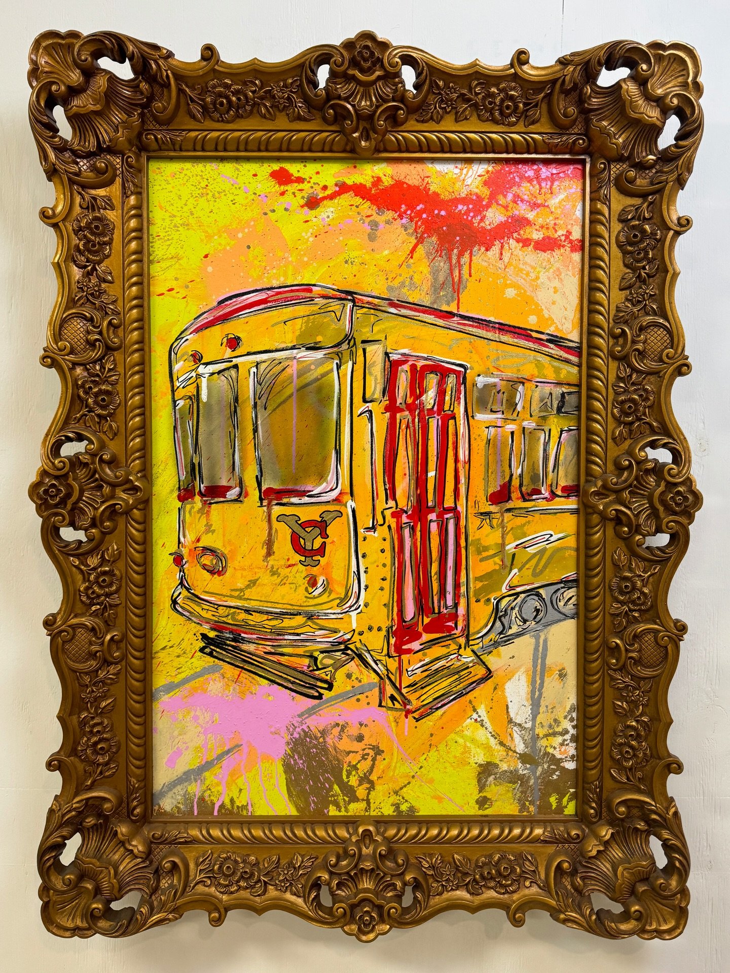 If you have ever been to @lara.tampa you may have noticed three large Ybor inspired pieces I painted that that live there.

This is one of those three&hellip;my take on the trolly. 

That exquisite frame measures 55in x 42in holding a gallery wrapped