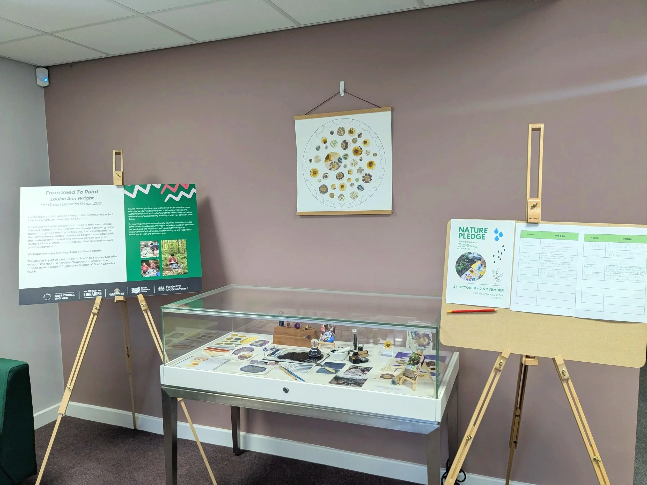 Pop up exhibition for Green Libraries week, we hosted an event day of workshops and skill sharing and encouraged people to make a nature pledge