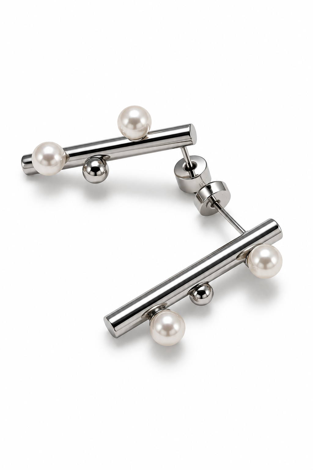 Tri pearls bar silver earrings