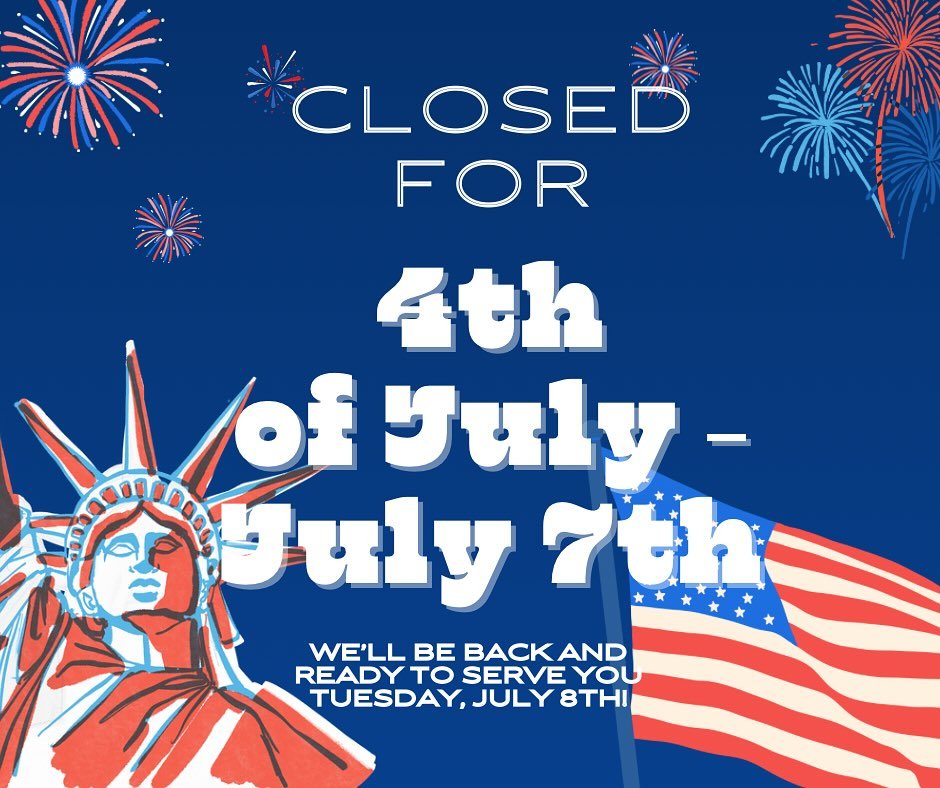 🚨 Heads up, friends!
We will be closed July 4th&ndash;7th to allow our team (and us!) to spend time with our families.
We hope you all have a fun, safe, and relaxing Fourth of July weekend! 🇺🇸✨
We&rsquo;ll be back and ready to serve you Tuesday, J