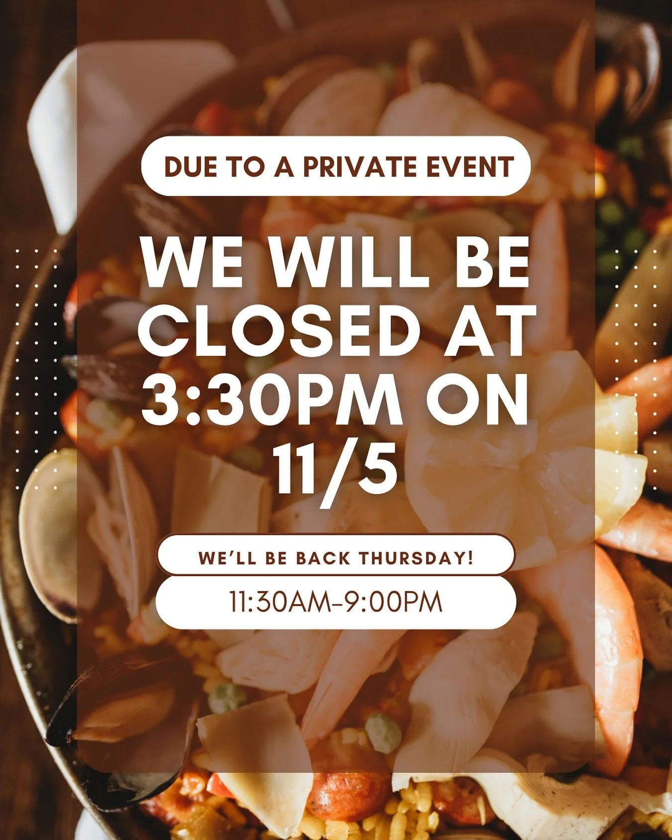 Heads up! 👋
We will be closed at 3:30 PM on Wednesday 11/5 for a private event.
We&rsquo;ll be back Thursday, ready to serve your favorite tapas and wine! 🍷🥘

Looking for the perfect spot to host your next celebration?
✨ Visit tapatheworld.com/pri