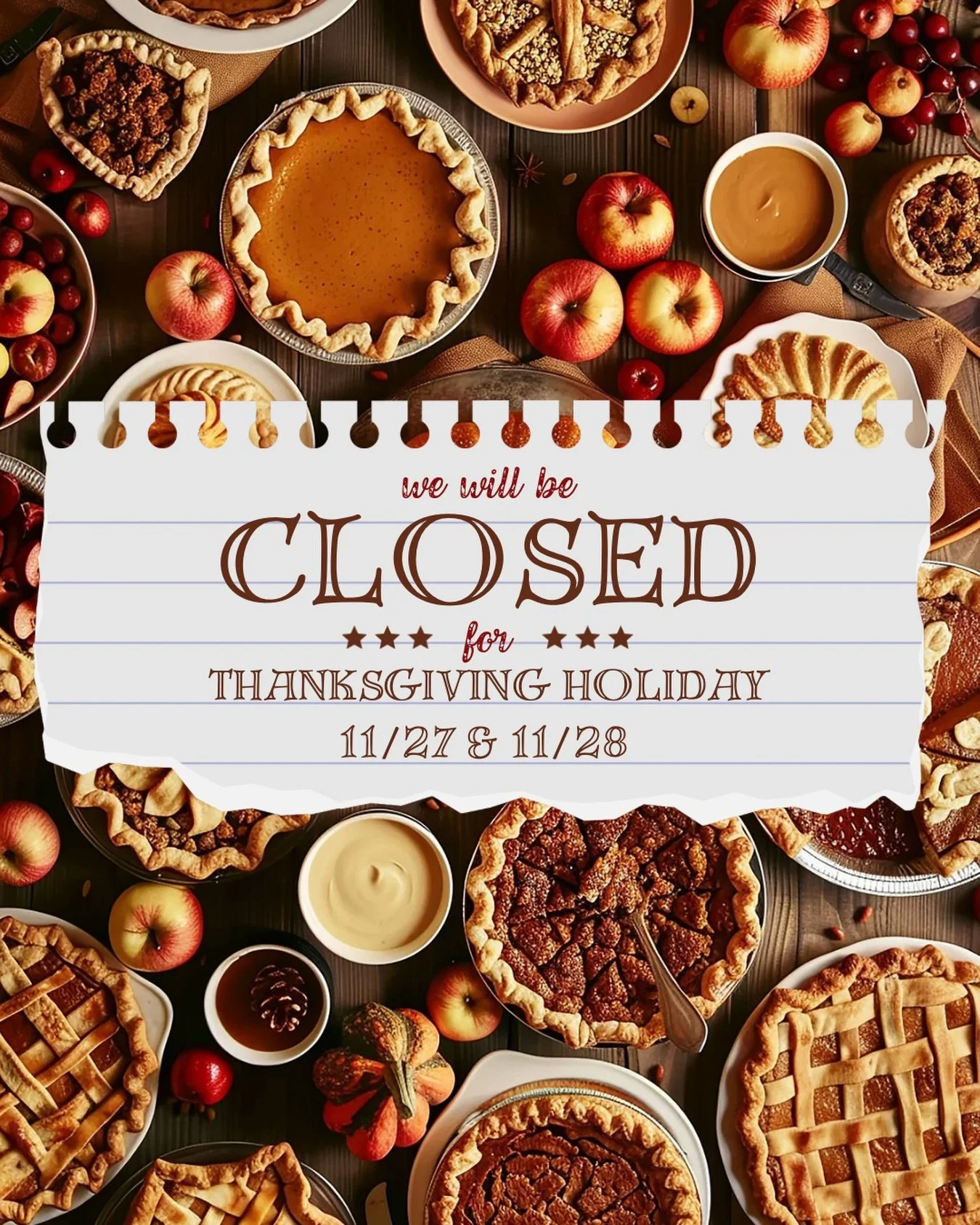 We&rsquo;ll be closed this Thursday, 11/27, and Friday, 11/28 so our team can enjoy the Thanksgiving holiday with their loved ones.
Don&rsquo;t worry we&rsquo;ll be back on Saturday, 11/29!

As we head into the holiday, we just want to say how truly 