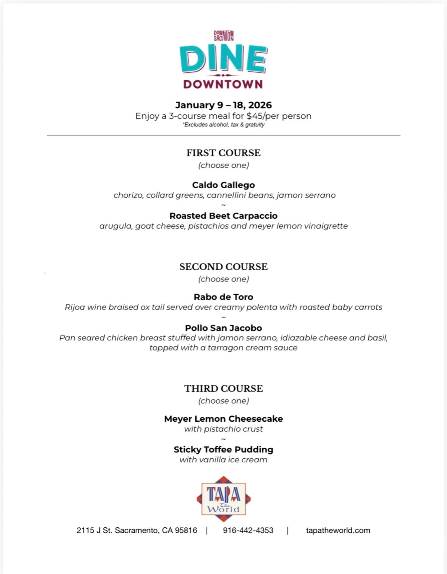 It&rsquo;s that time of year again, and we&rsquo;re so excited to be part of Dine Downtown Sacramento! ✨
From January 9&ndash;18, 2026, enjoy a specially curated 3-course menu for $45 per person, with $1 from every meal donated to a local nonprofit.
