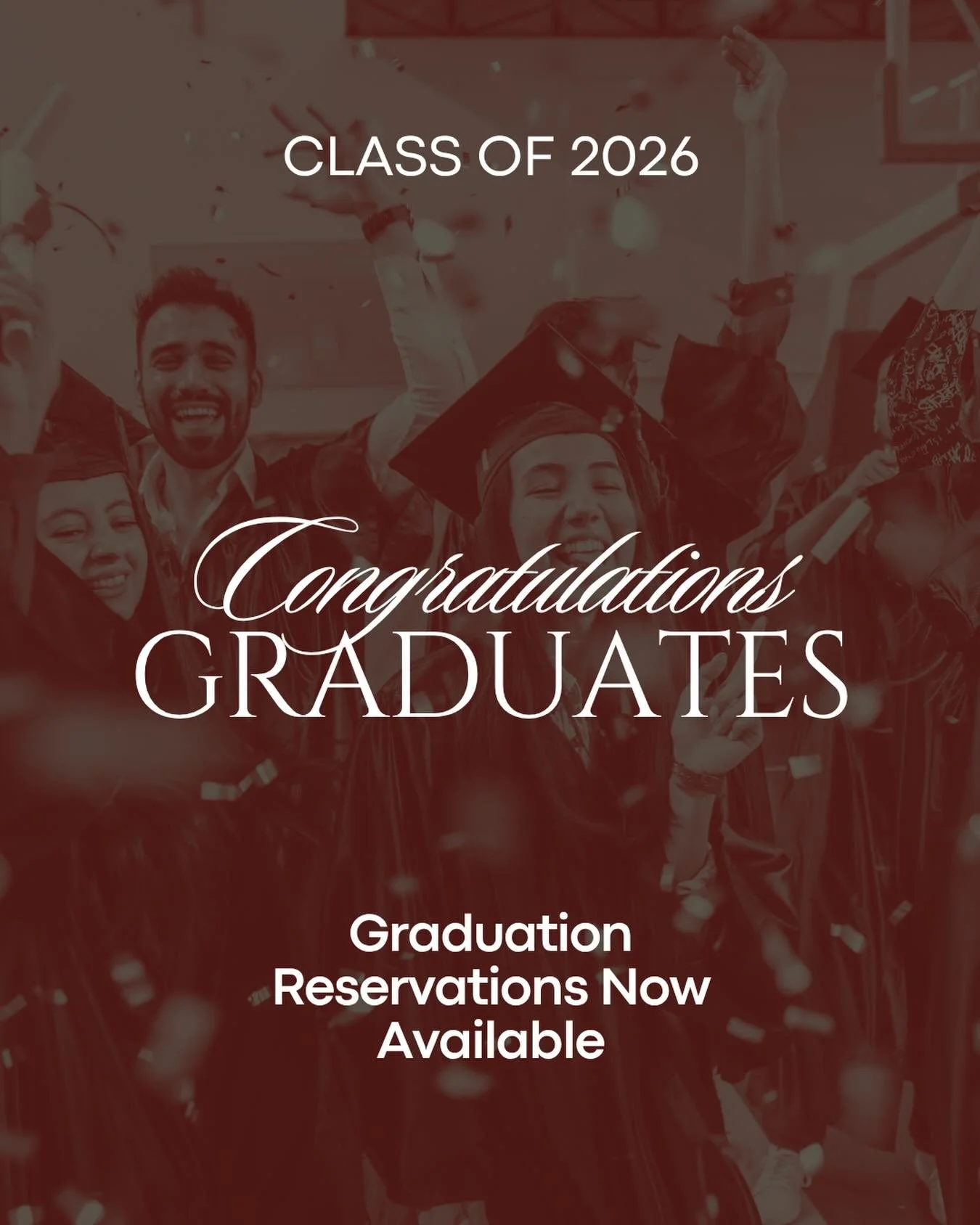 🎓 Congratulations, Class of 2026! 🎓

Celebrate your graduation with us!🥂

We&rsquo;re still accepting reservations for graduation celebrations, and limited availability remains through June for private gatherings in our Casa Reserva Lounge ✨

Rese