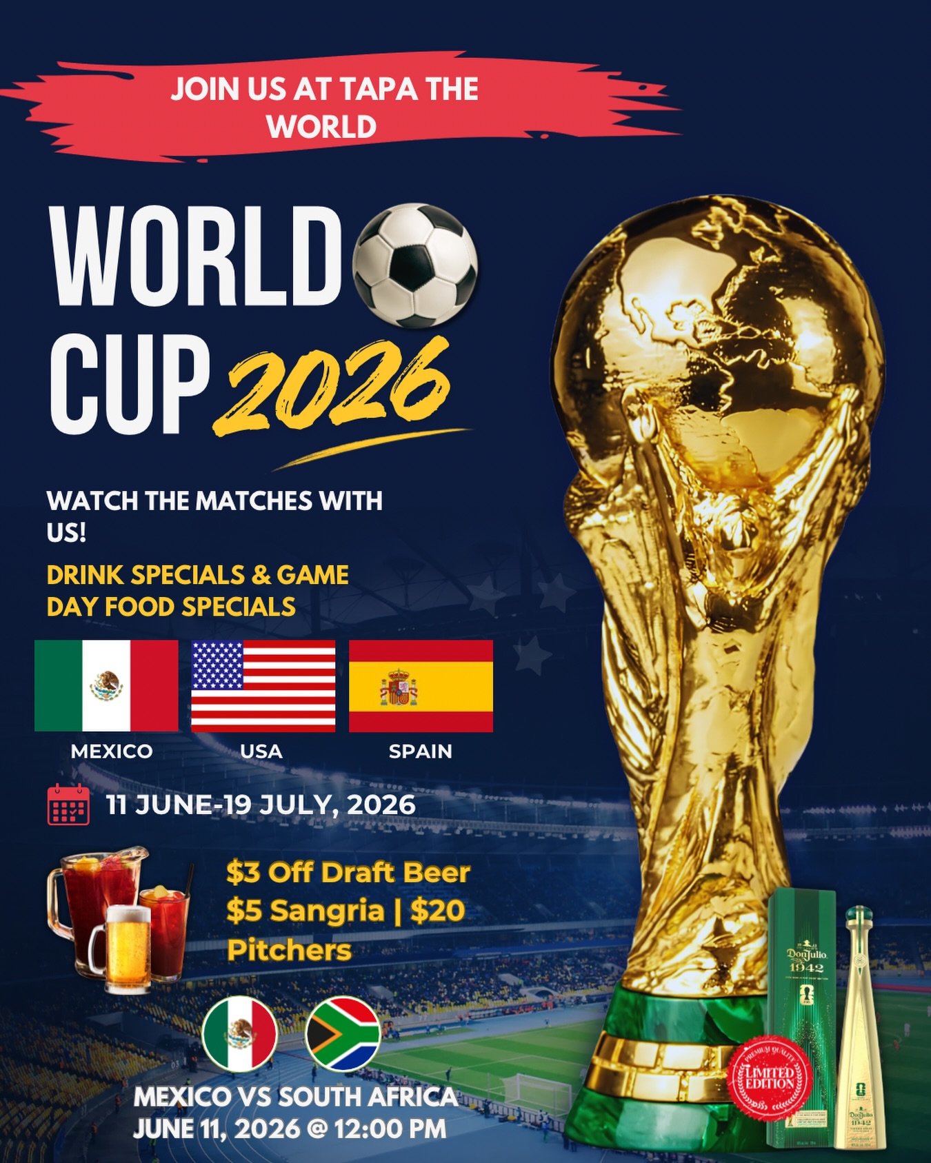 ⚽️ FIFA World Cup 2026 is coming to Tapa the World! ⚽️

Join us for game-day food and drink specials,  throughout the World Cup.

🍺 $3 off draft beer
🍷 $5 sangria | $20 sangria pitchers
🥃 World Cup Limited Edition Don Julio 1942

Plus, follow alon