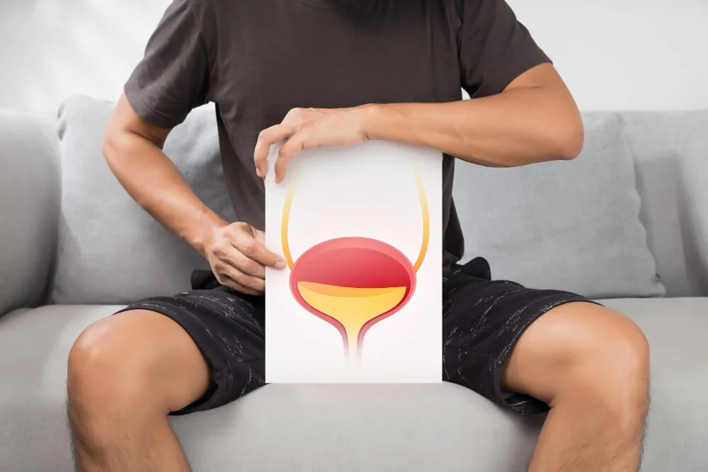 Man holding an illustration of a bladder in front of his pelvis, representing enlarged prostate symptoms