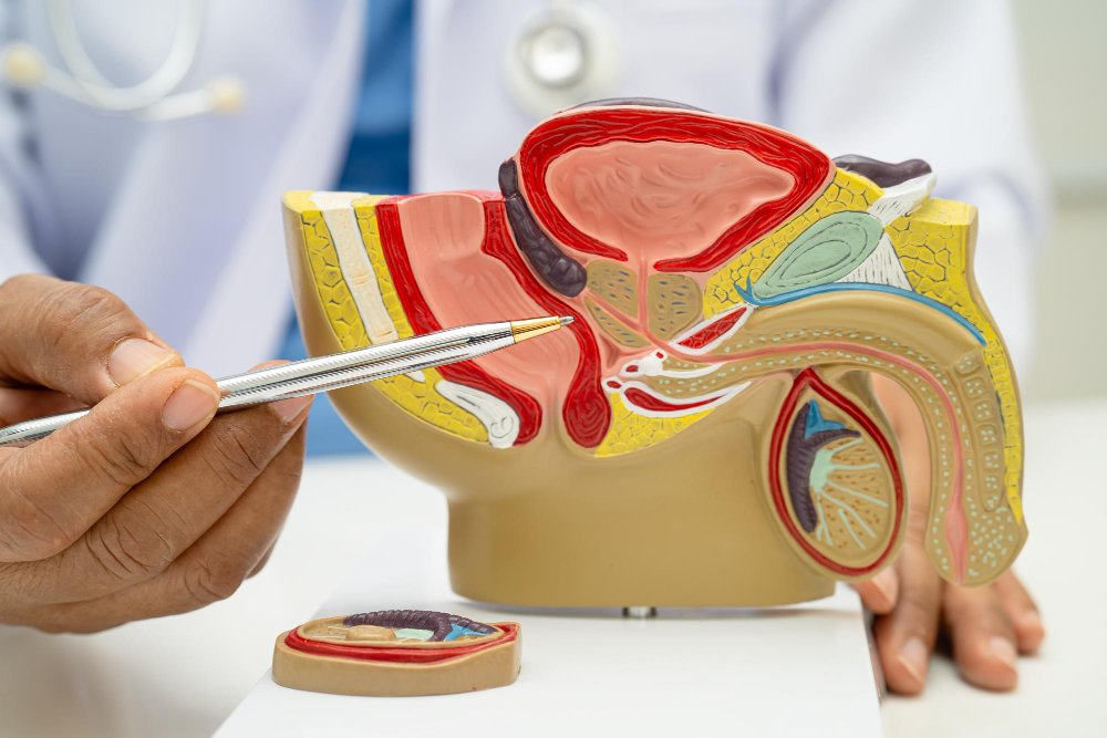 Doctor pointing to the prostate and bladder on a male pelvic anatomy model