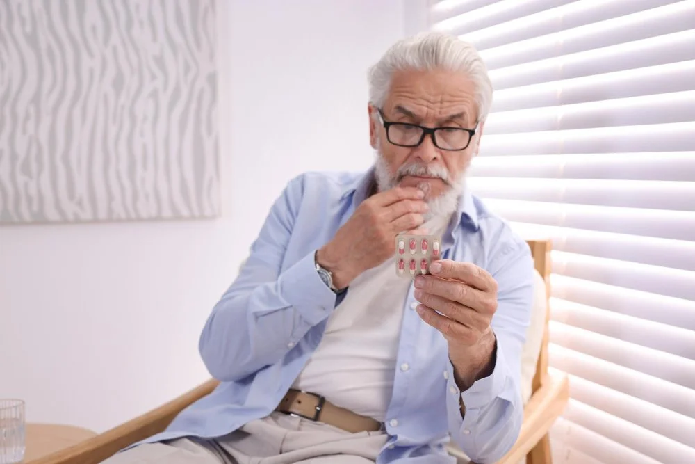Older man taking a pill with a glass of water at home