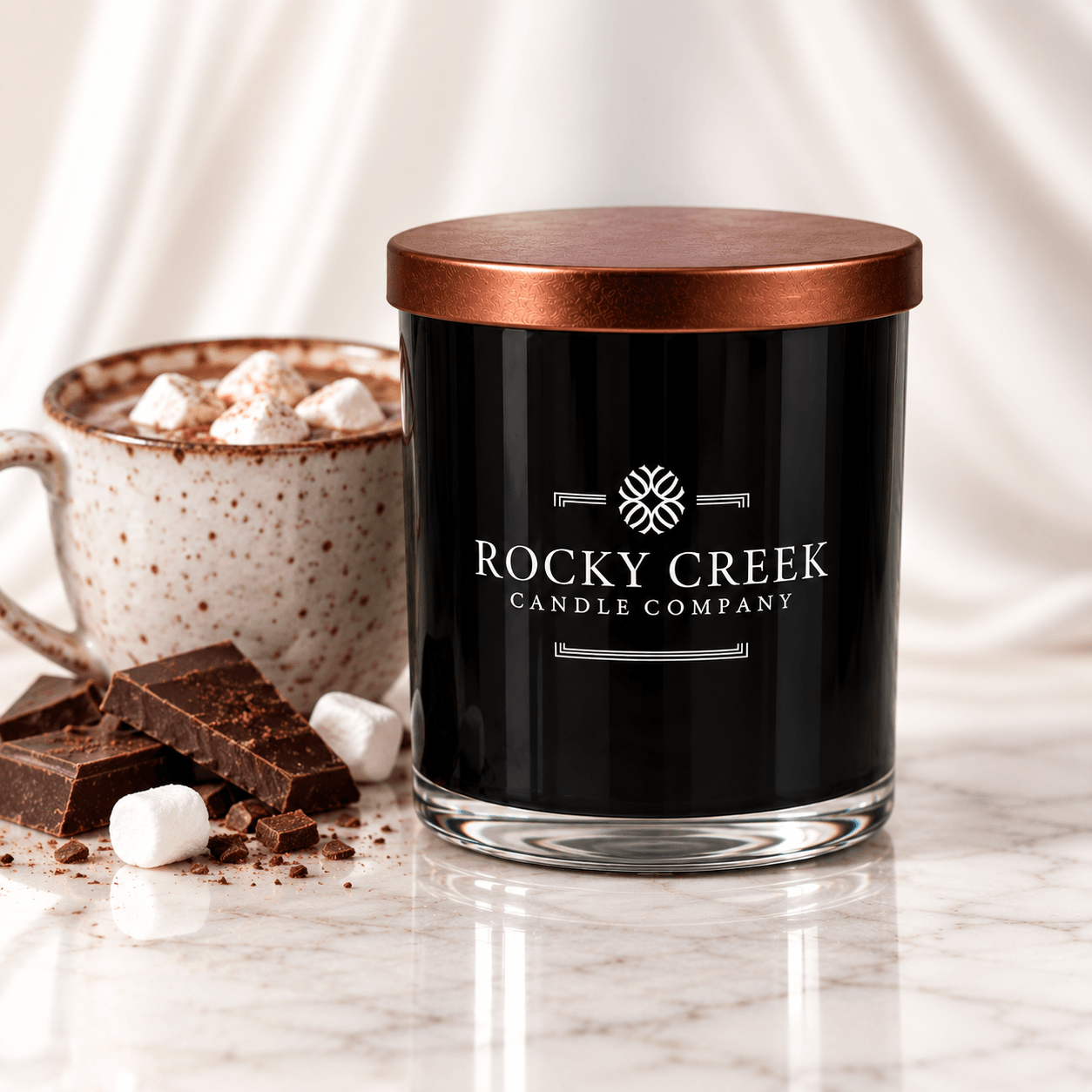 Hot Chocolate Scented black rock glass tumbler candle