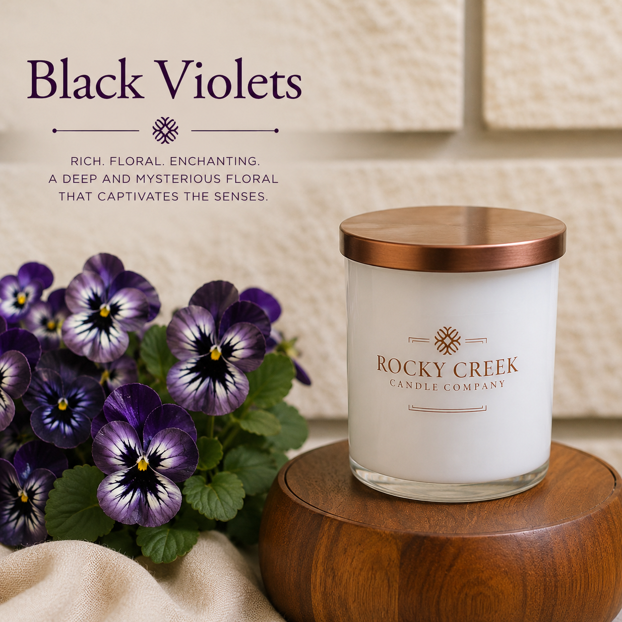 Black Violet white rock glass candle