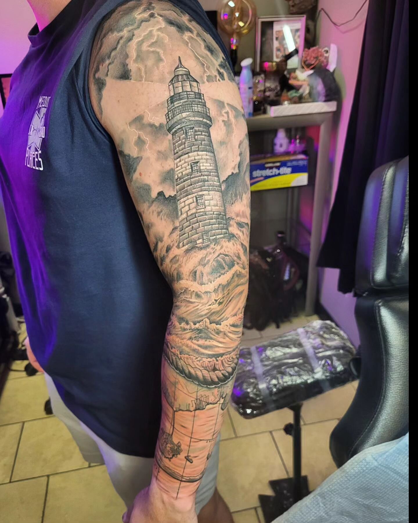 Lighthouse sleeve finished up most of it still have a few details and the inner bicep. #lighthousetattoo #lighthousesleeve #greatsouthbaymap #southshore #allenjenkinstattoo #houseofcolourtattoo