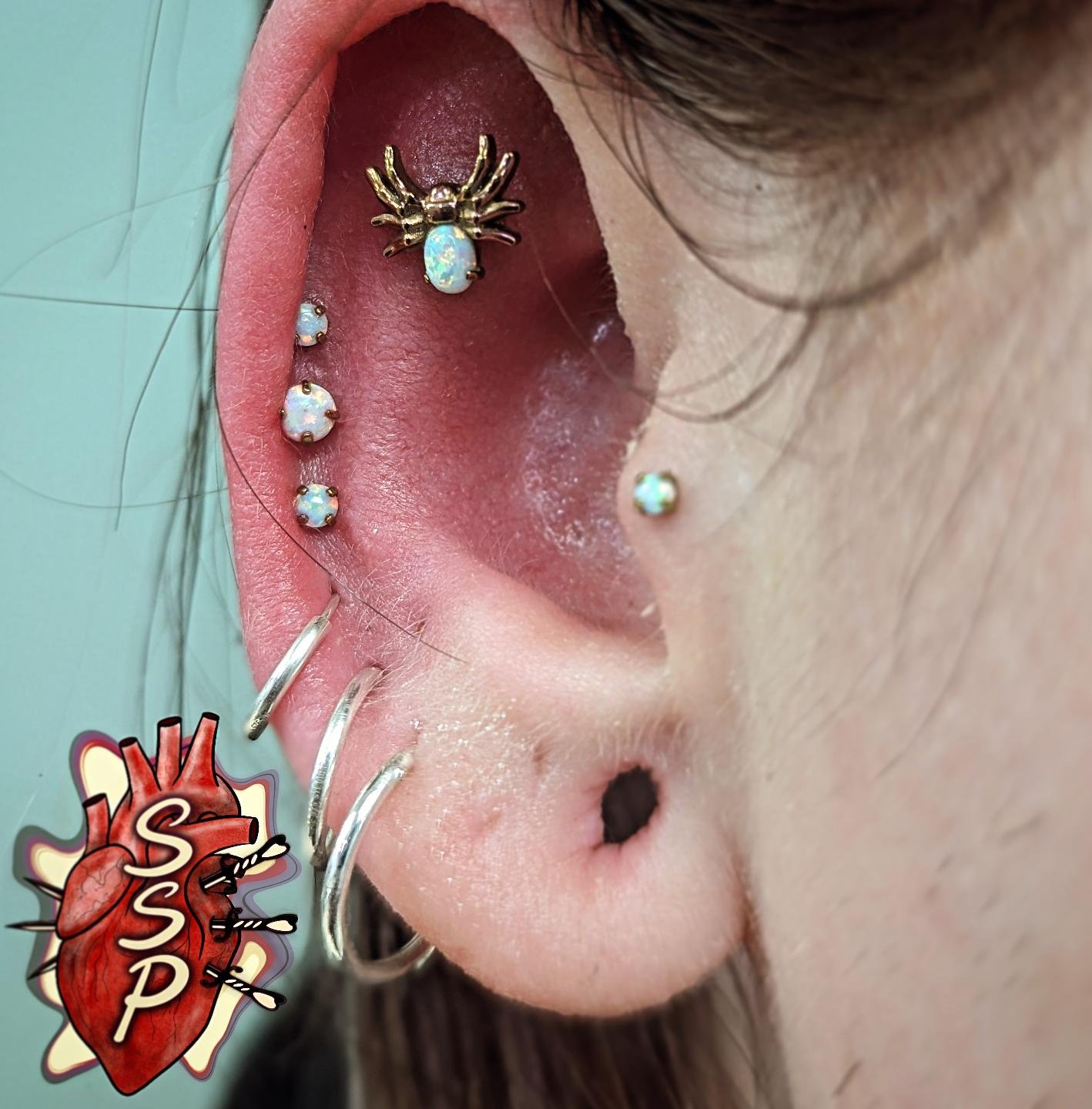 Triple midway helix piercing with 2 small and 1 medium opal pieces. Goes great with the spider and tragus we did the week before. Just a few more to finish off this ear 🖤😍

If you're interested in coming in for a piercing. There is no appointment n