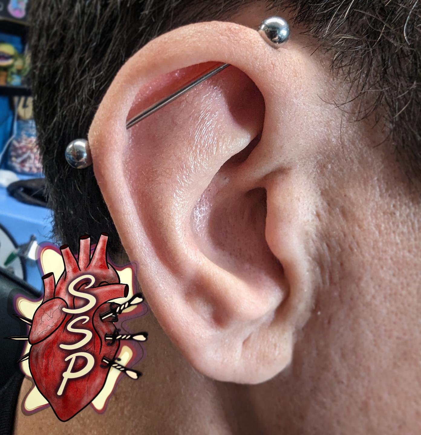 Healed industrial we did back in September. 

If you're interested in coming in for a piercing. There is no appointment needed, you can just come into the shop while we are open. Any questions about piercings you can always give the shop a call or go