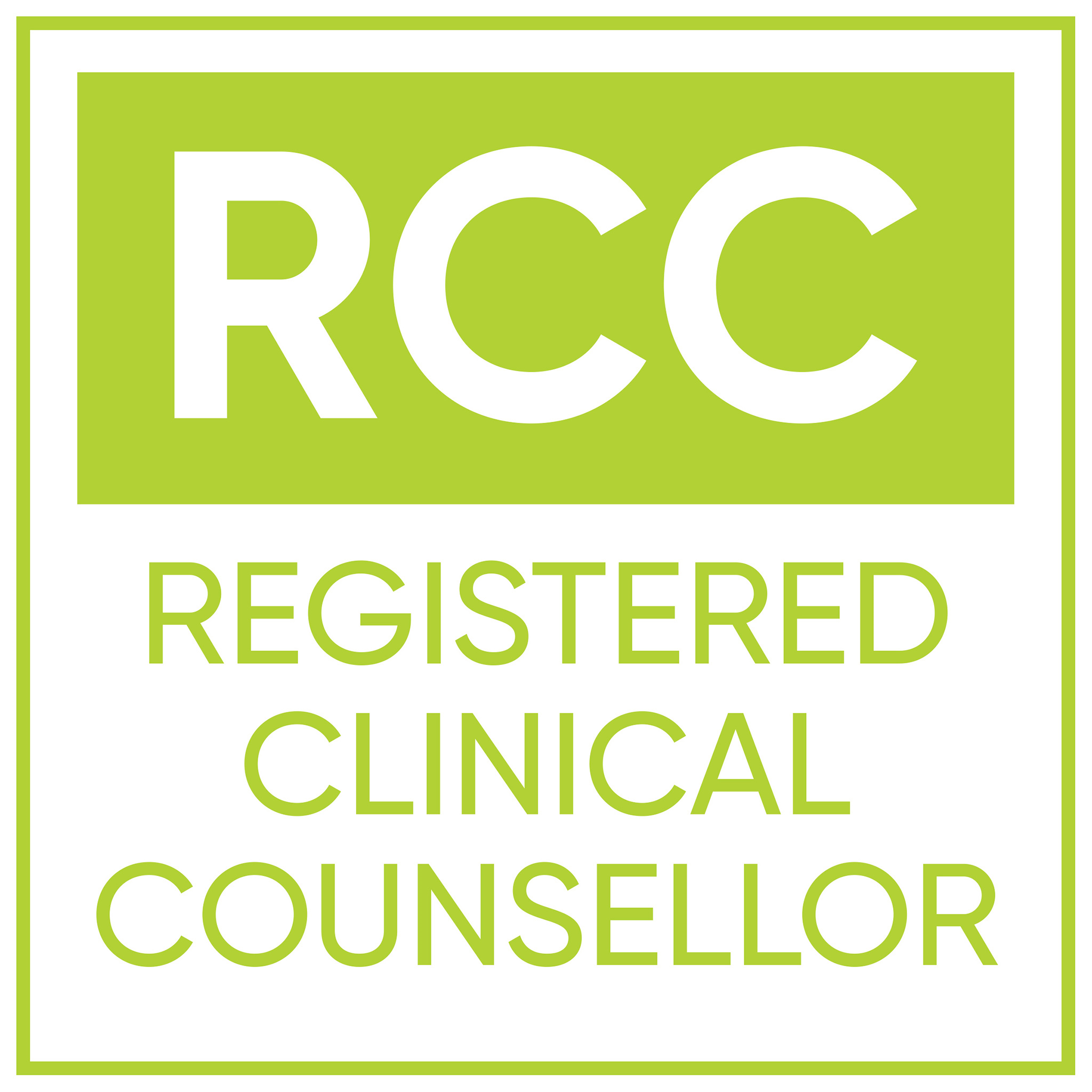 Registered Clinical Counsellor badge; Green text on white background