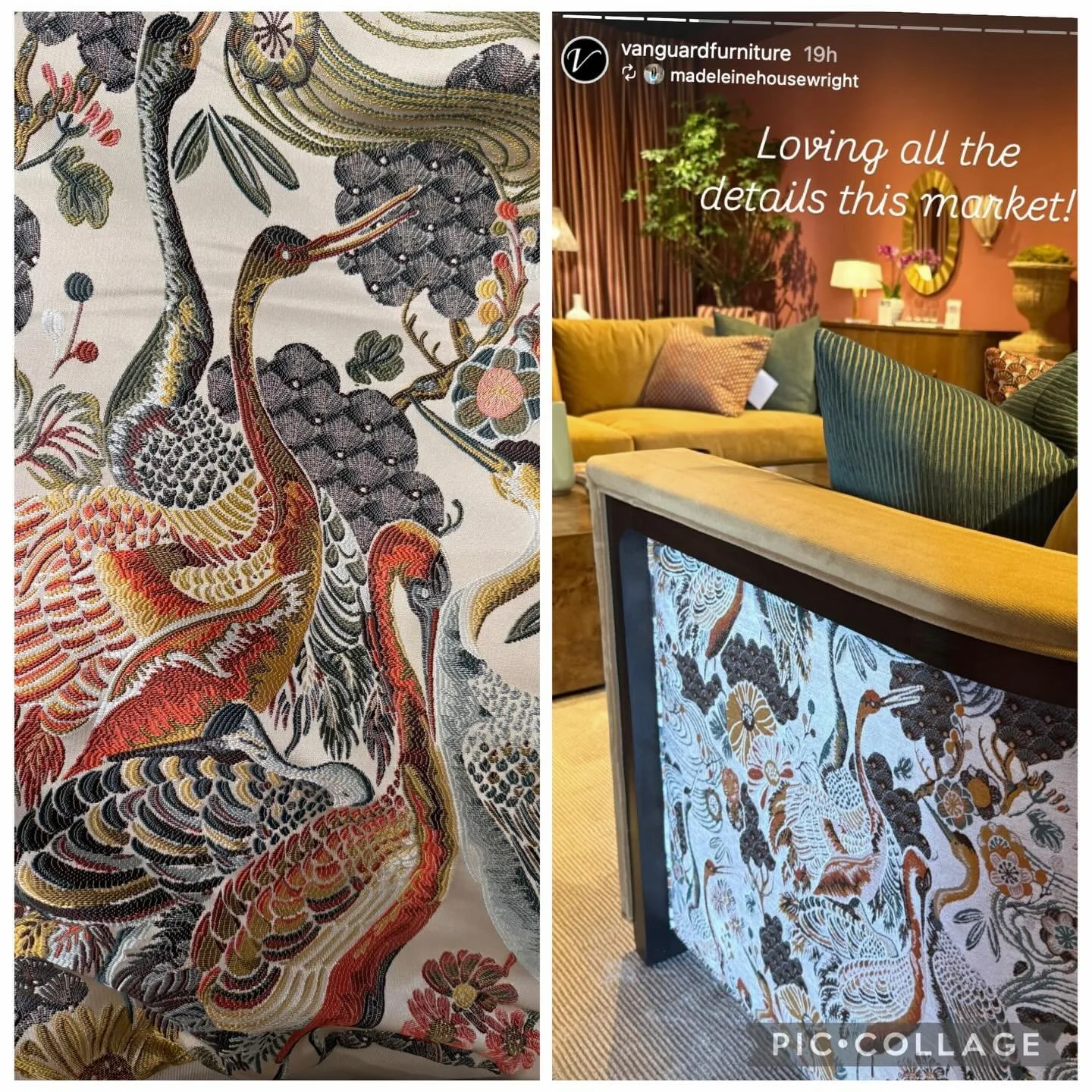 When you are reviewing socials for work and you come across a @vanguardfurniture furniture post and you realize your jacket and their upholstery match! Lol