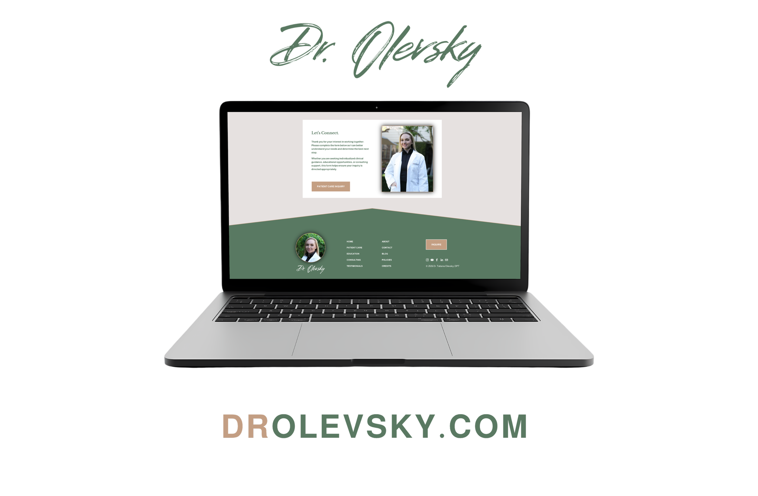 A laptop displaying a webpage for Dr. Olevsky with a photo of a woman in a white coat, green background, and contact options at the bottom. The image also shows the web address drolevsky.com at the bottom.
