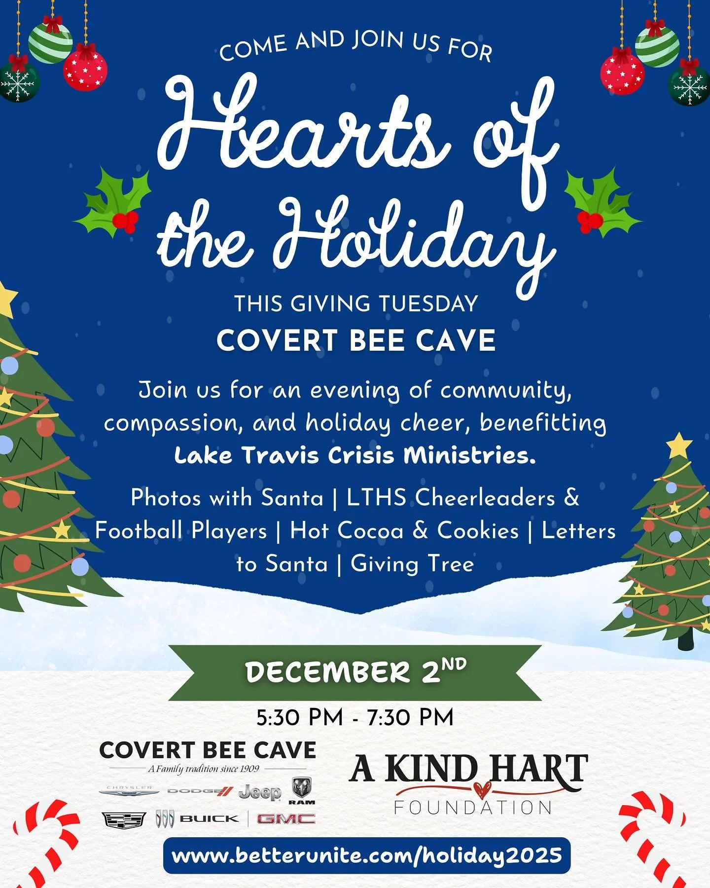 Guess what? A Kind Hart Foundation is hosting another fun event on Dec 2 called Hearts of the Holiday.&nbsp;&nbsp;It&rsquo;s a chance for our community to come together and help our neighbors in Lake Travis during the Christmas season. What BIG heart