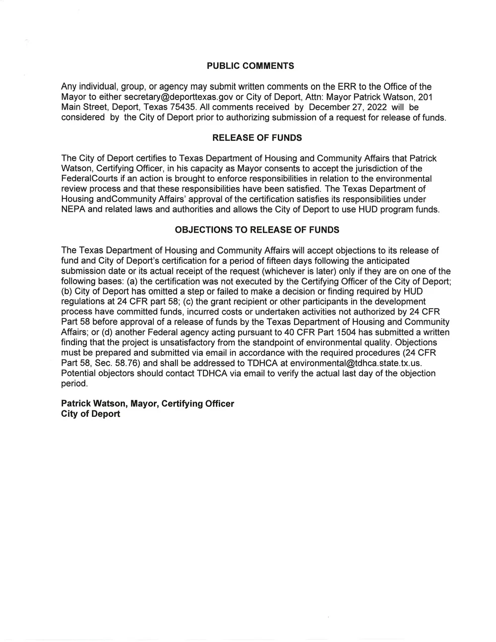 Public Notices — to Deport, Texas