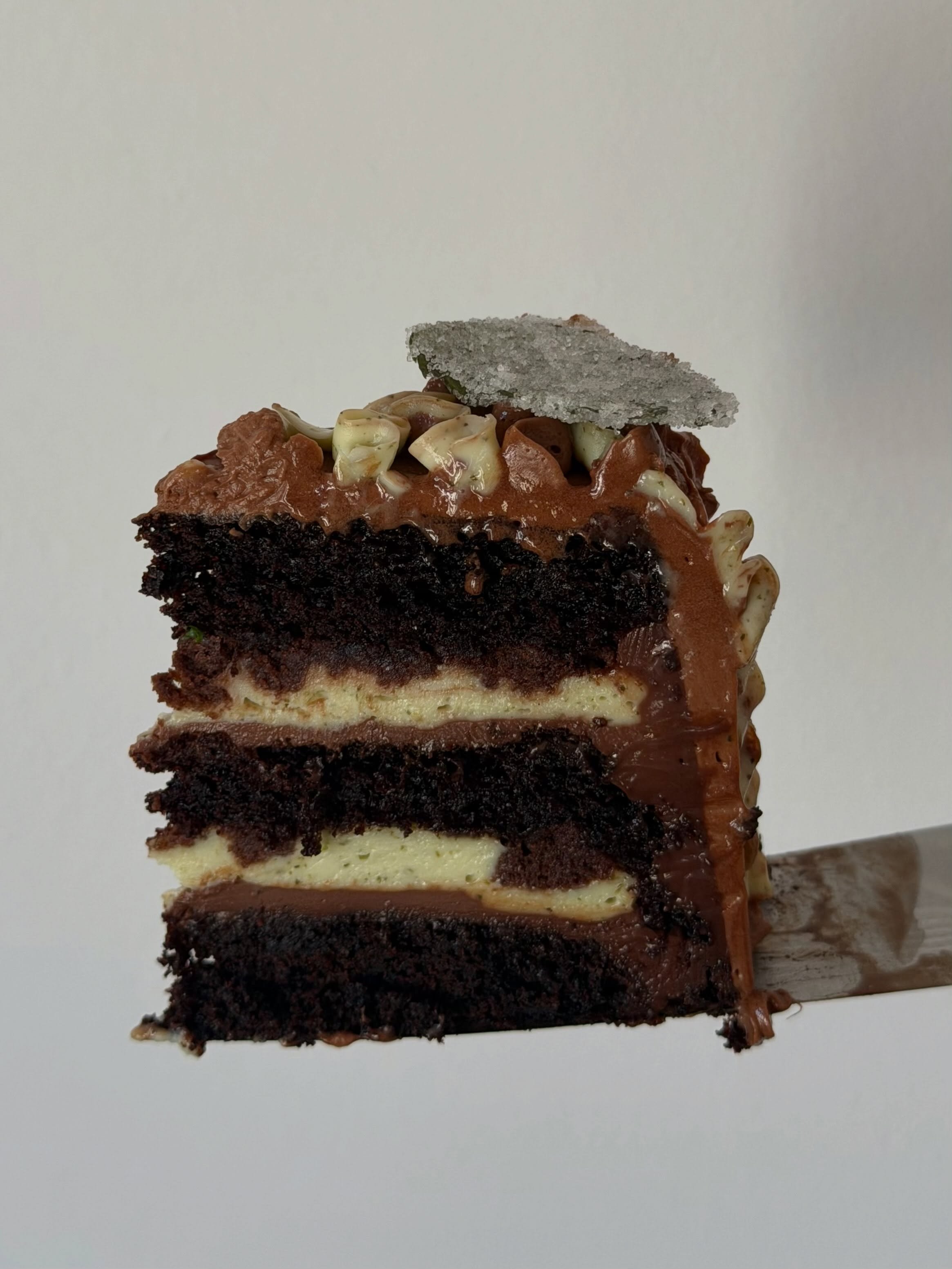 Chocolate &amp; mint cake. A dlow underrated flavour combo which doesn&rsquo;t feel super summery but mint is so good right now and it&rsquo;s fun to use in a sweet context. 

I steeped the mint in cream overnight and then blitzed it into the cream a