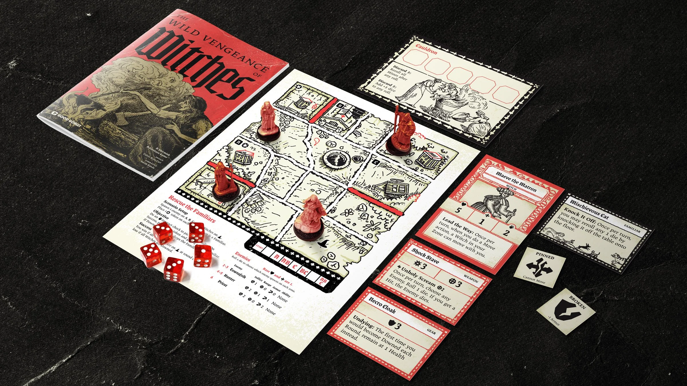 The Wild Vengeance of Witches board game components