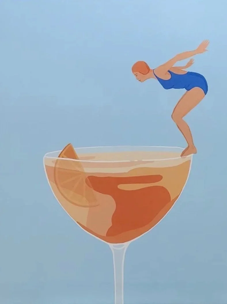 An animated woman in a blue swimsuit is preparing to dive into a cocktail glass filled with a brownish drink and a lemon wedge, creating a surreal scene.