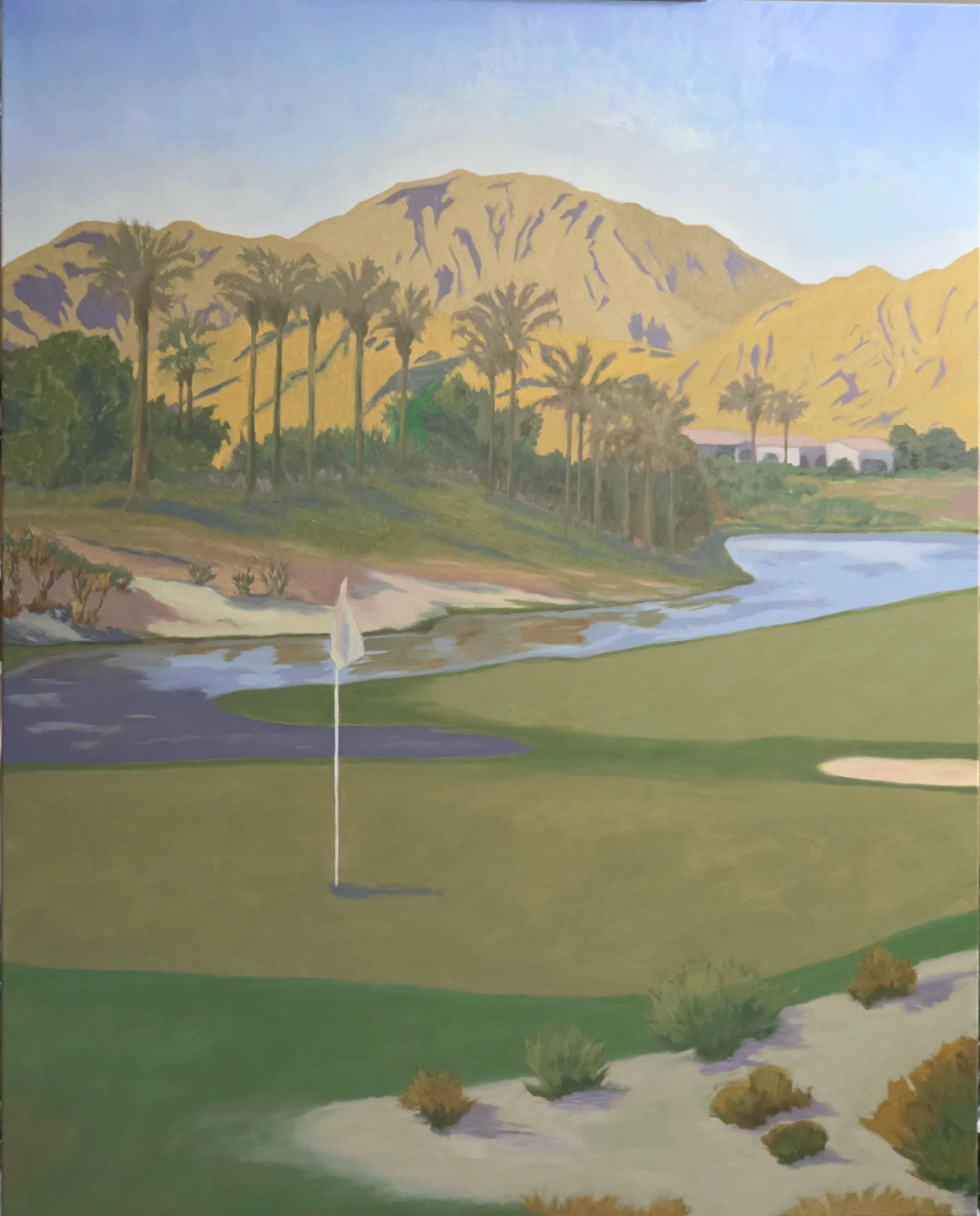 A landscape painting of a mountain range with a sloped hillside, palm trees, a small body of water, and a few buildings, with a clear blue sky.