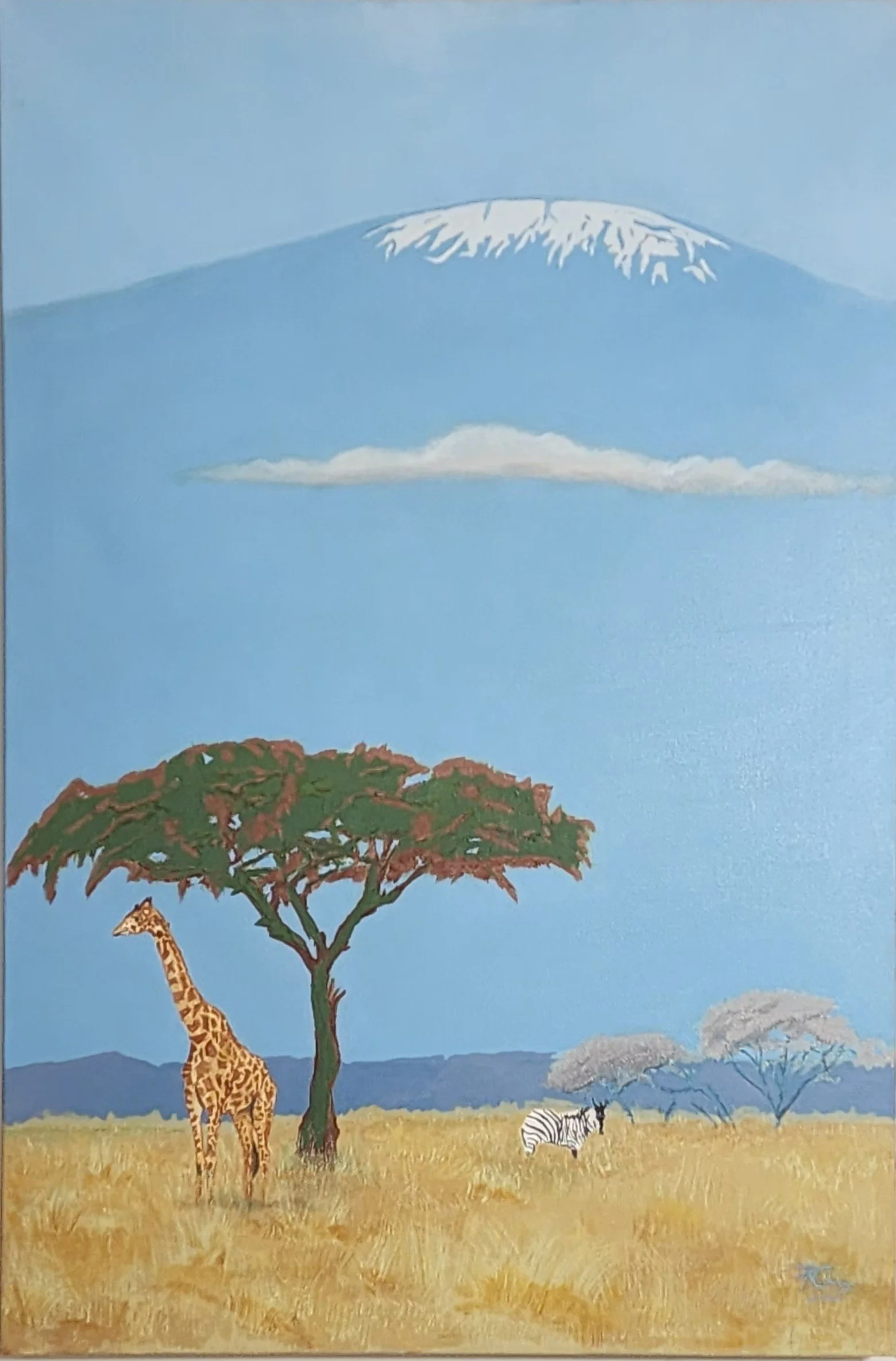 A landscape scene with a giraffe and zebra standing on a yellow grassy plain, a tall green tree, a few small clouds, and Mount Fuji in the background with snow on its peak.
