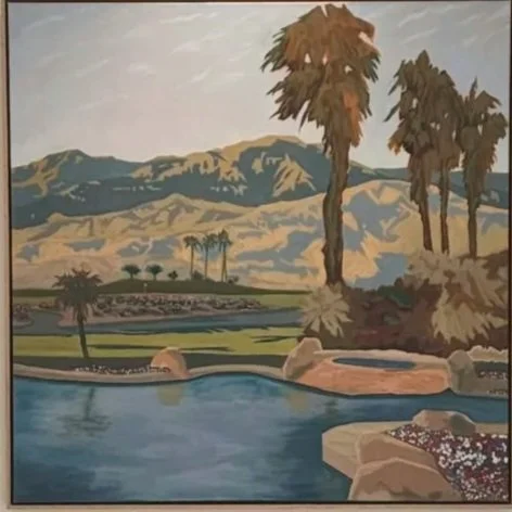 Painting of a desert landscape with palm trees, water, and mountains in the background.