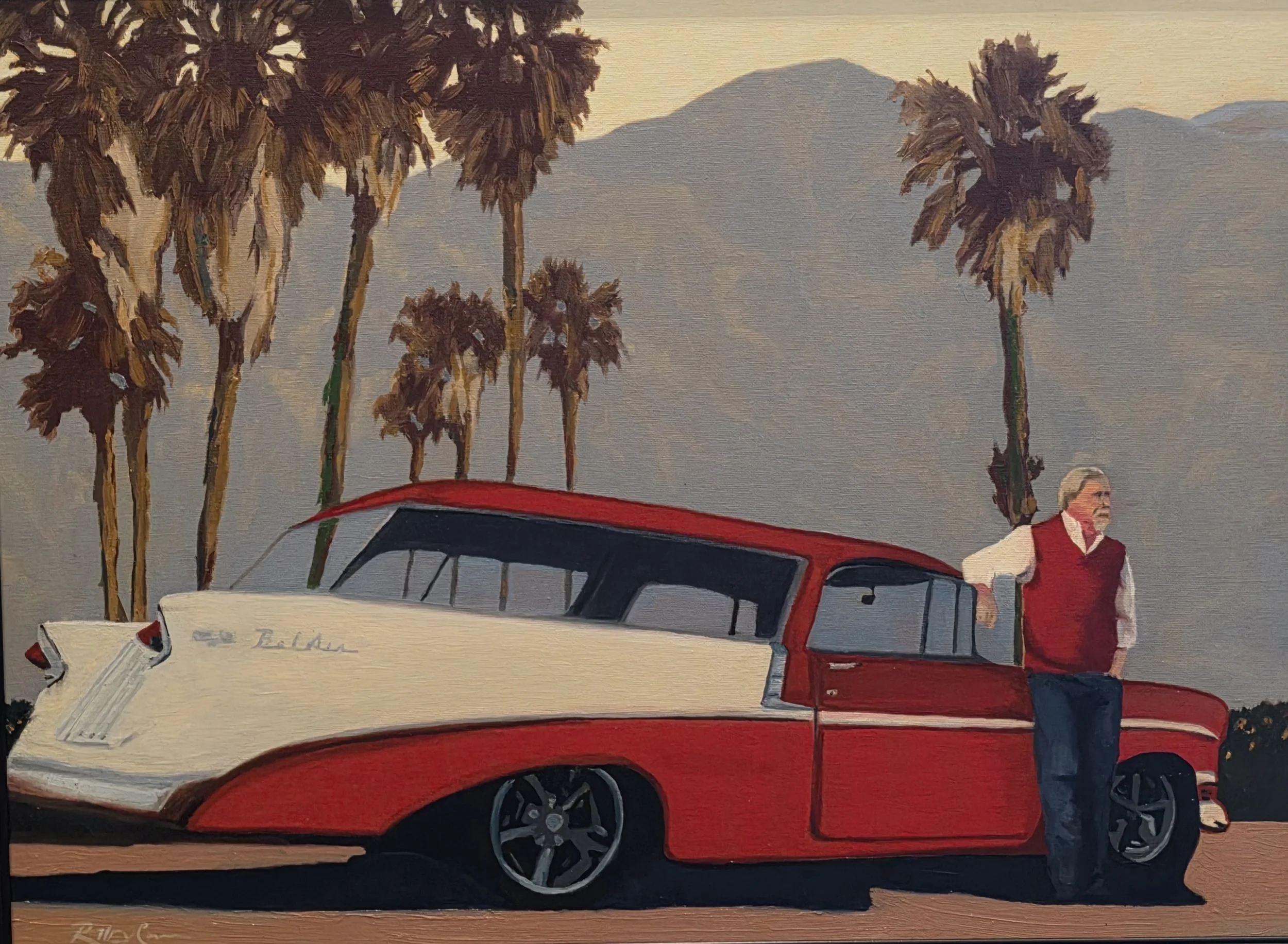 A painting of a vintage red car parked outdoors, with tall palm trees and mountains in the background, and a person standing beside the car wearing a red vest and white shirt.