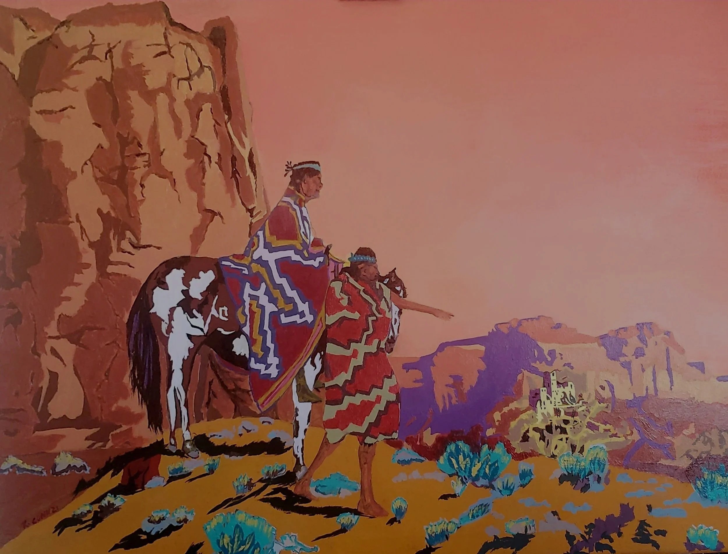 A colorful painting of Native Americans riding horses on a landscape with hills and a distant town.