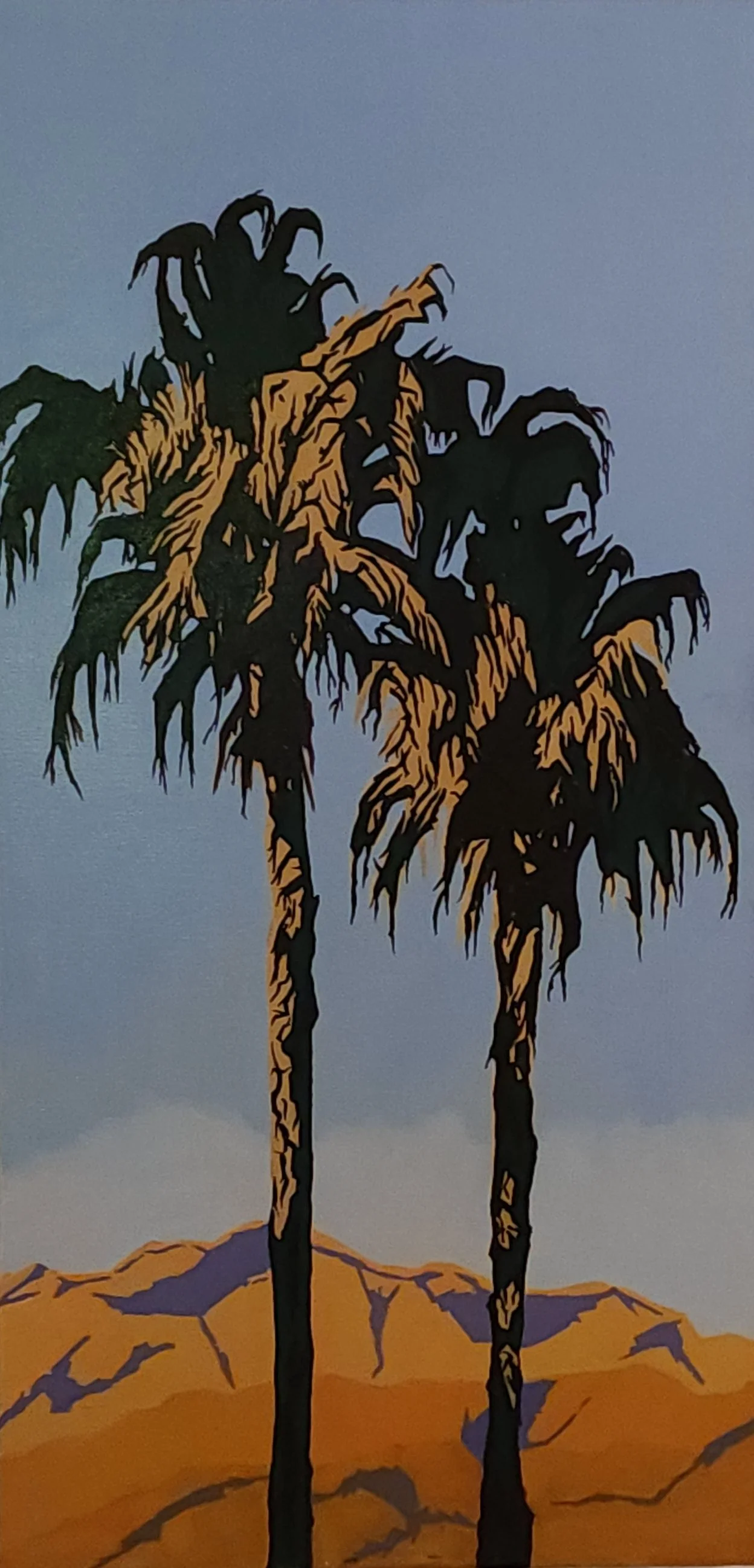 Illustration of two tall palm trees with a mountain range in the background, set against a partly cloudy sky, in a stylized, cartoon-like art style.