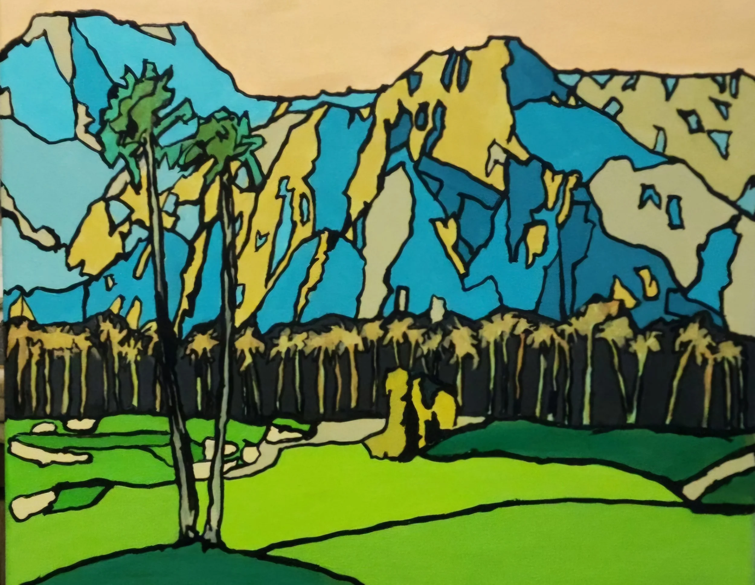 A colorful, stylized landscape drawing of mountains, trees, and grass with bold black outlines and bright colors.