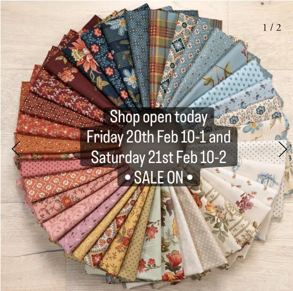 We&rsquo;re open today and tomorrow so come on out.  10% off all fabrics - including the latest French General and Laundry Basket Quilts ranges

Buy what&rsquo;s left on any bolt and get 30 % off

All extra wide backing fabrics 20% off

Fat Quarters 