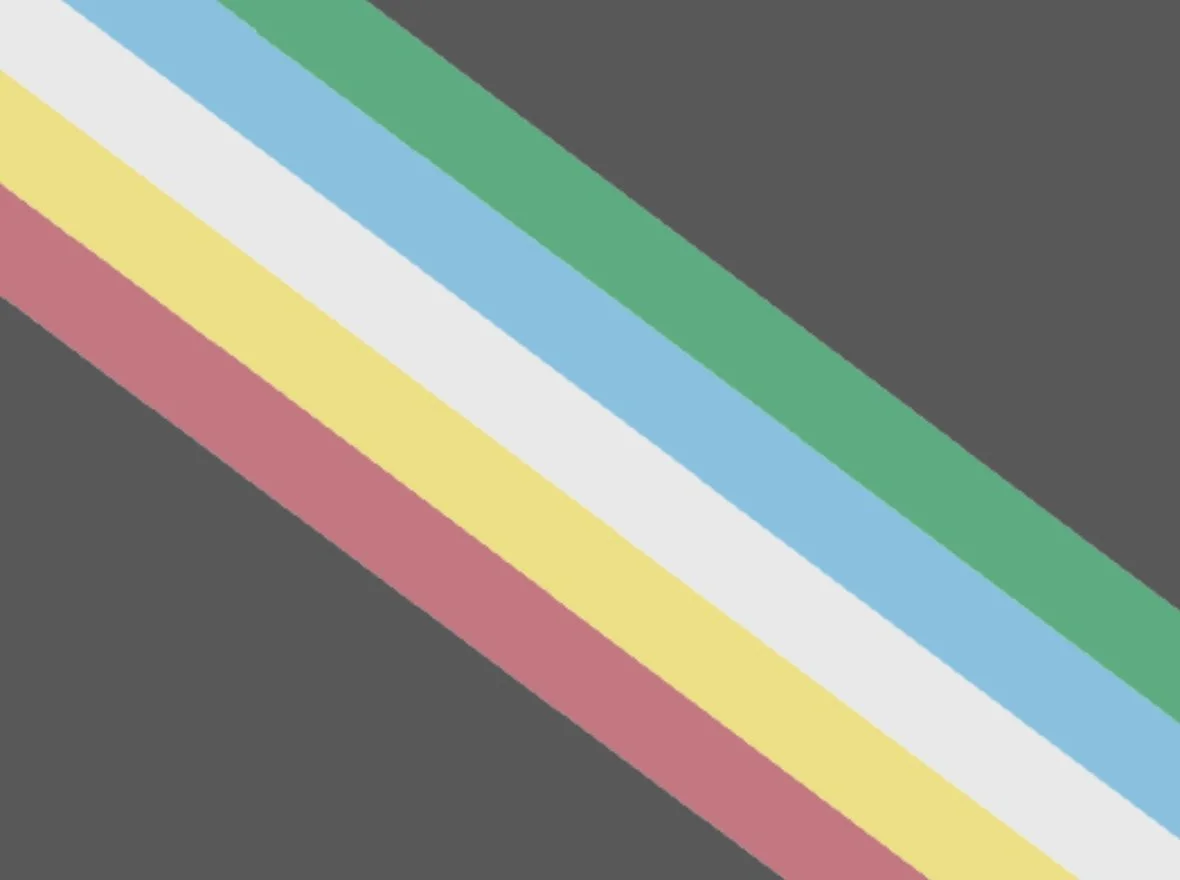Disability Pride flag is a charcoal grey flag with a diagonal band from the top left to bottom right corner, made up of five parallel stripes in red, gold, pale grey, blue, and green.