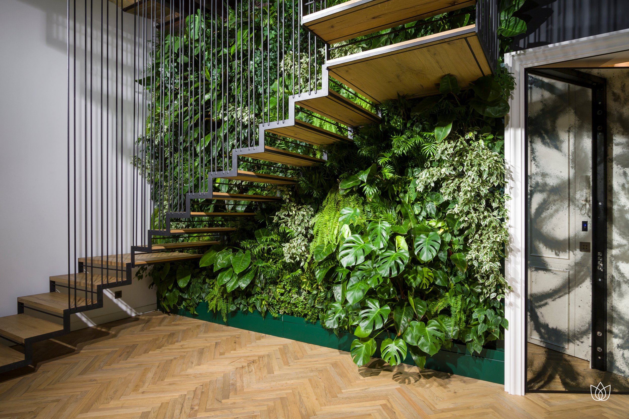 Green wall with green plants and metal and wood staircase, herringbone wood floor, part of an elevator to the right with plant shadows on the door.