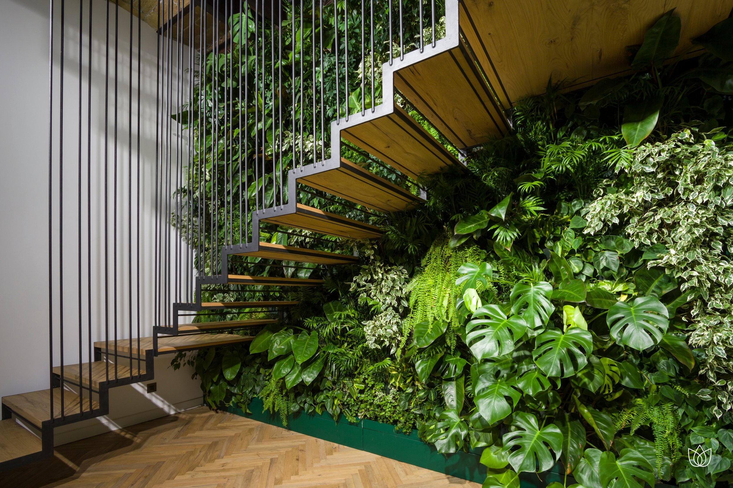 Wooden spiral staircase with metal railing, next to a green wall of tropical plants and variegated leaves.