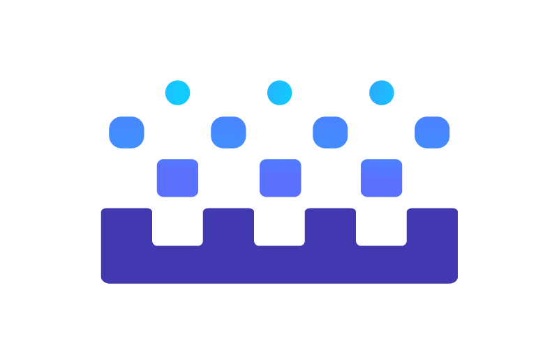 Icon of rectangles turning into smaller circles to represent toxics being reduced