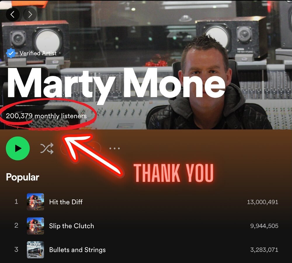 Hitting Over 200,000 monthly listeners on Spotify 🤩🤩 Massive thank you for all the streams and support 

More new tunes coming very soon 🎸

www.martymonemusic.com

#martymone #singersongwritter #irishartist #spotify #thankyou