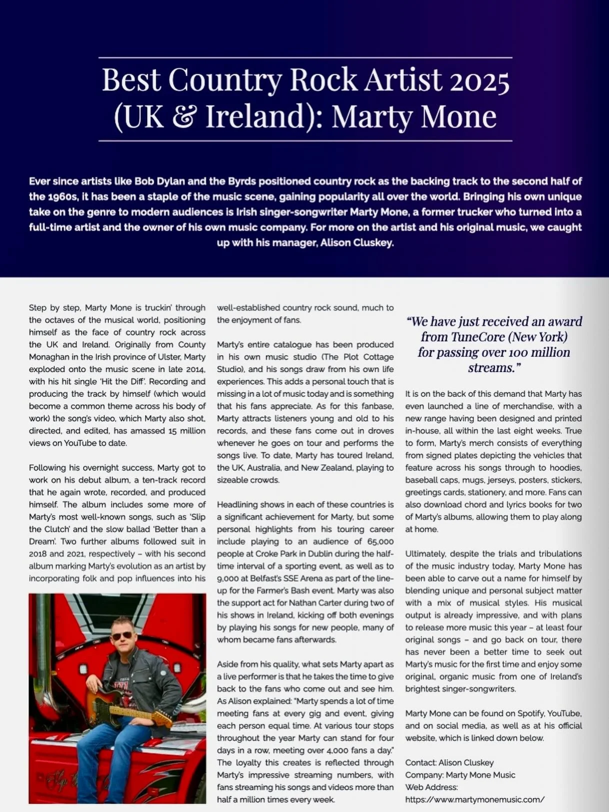 Massive thanks to LUX Magazine UK for Best Country Rock Artist 2025 UK &amp; Ireland Award and this fantastic article in their magazine 📖

#martymone #countryrockartist #award #LUXlifeawards