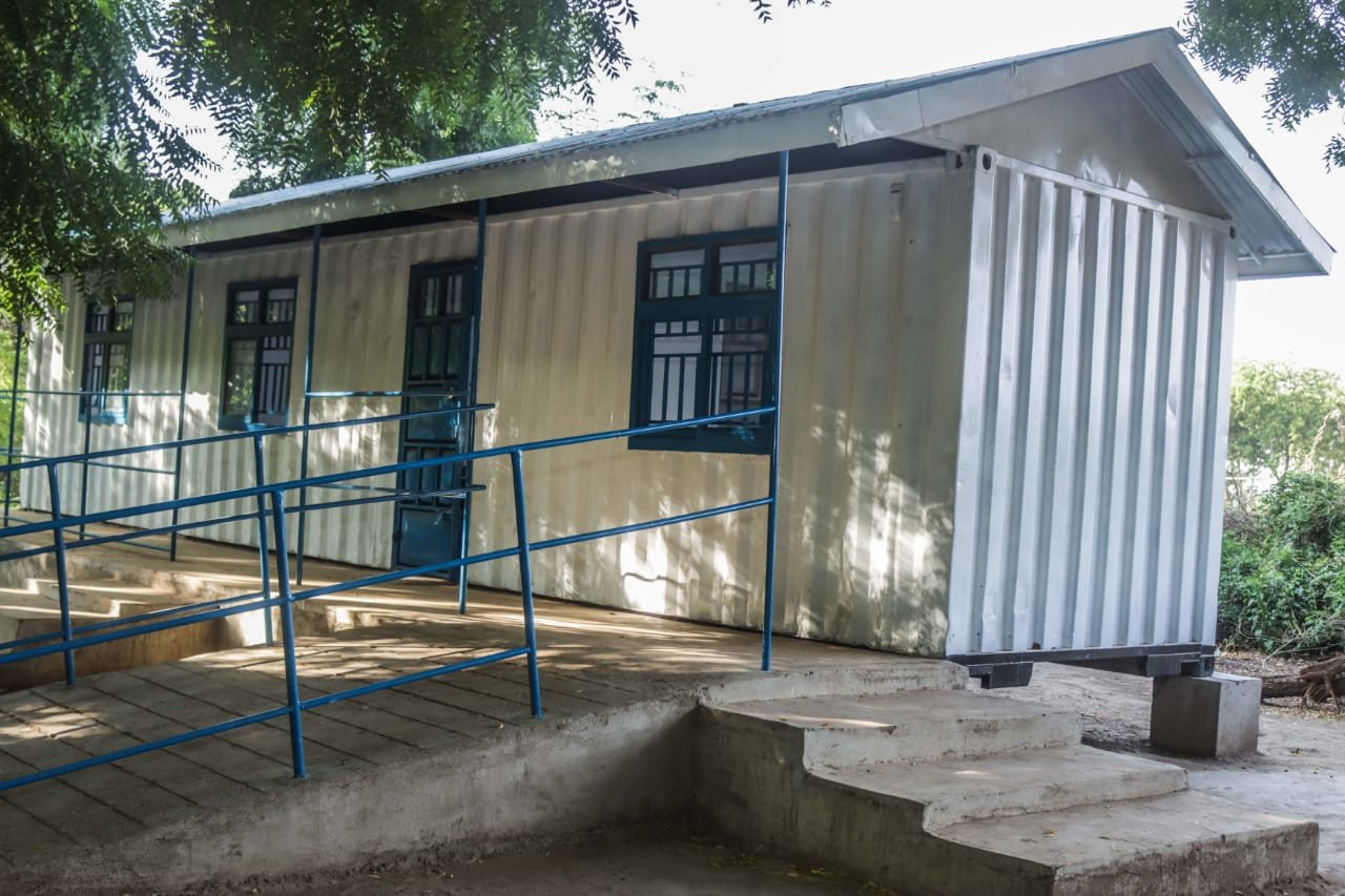 The exterior of the Creative Gateway container hub in Kakuma Refugee Camp.