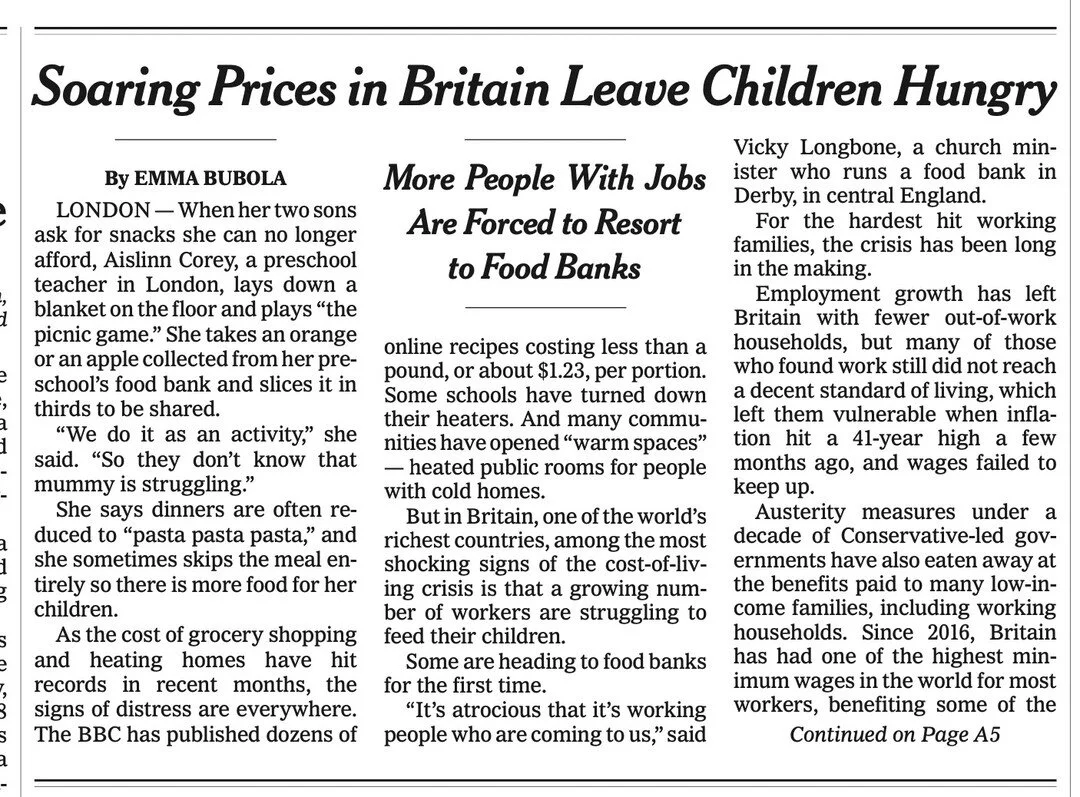 A front-page article in today's New York Times reporting on the UK cost of living crisis and child hunger featured the Second Chance Cafe and the @hackneyfoodbank in @stmarysn16 and a variety of other projects working to address the crisis. It's hard