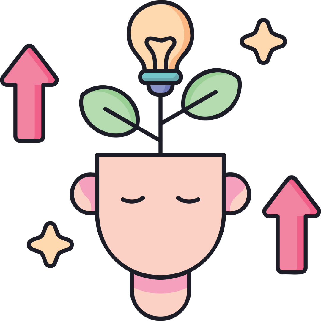 A cartoon illustration of a human head with closed eyes, an open top with a light bulb and plant growing out of it, pink upward arrows, and stars, symbolizing ideas and creativity.