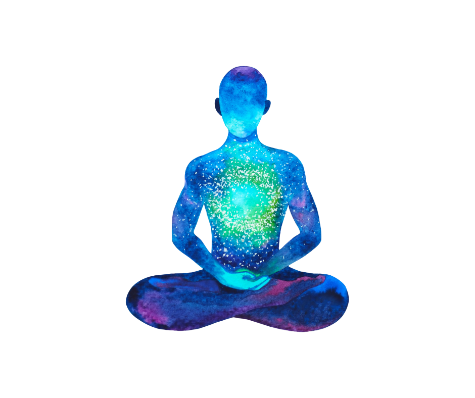 An artistic depiction of a person sitting in a lotus pose with a cosmic or galaxy theme, featuring vibrant colors and star-like specks.